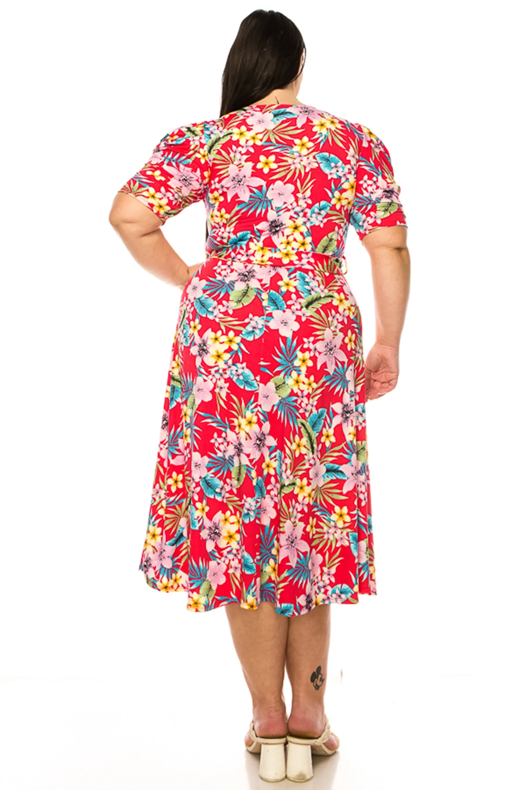 Women's Plus Size Elegant Printed Midi Dress with Puff Sleeves and Sash Tie