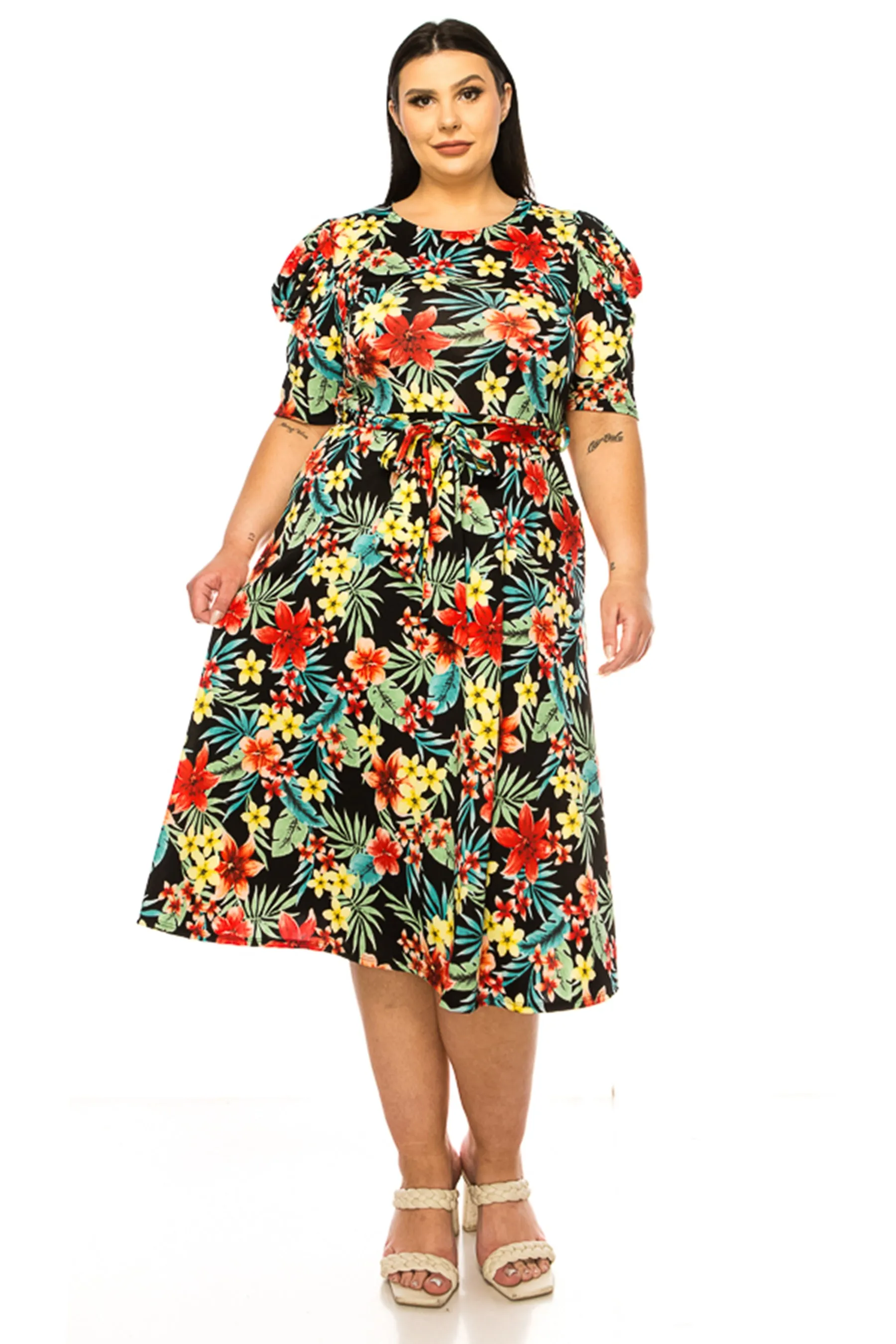 Women's Plus Size Elegant Printed Midi Dress with Puff Sleeves and Sash Tie