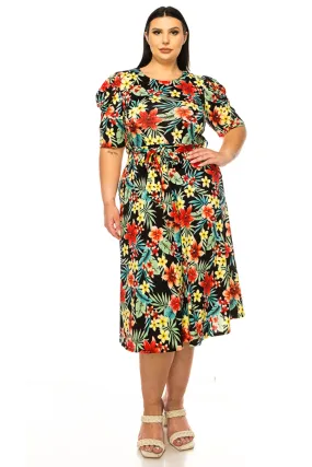 Women's Plus Size Elegant Printed Midi Dress with Puff Sleeves and Sash Tie