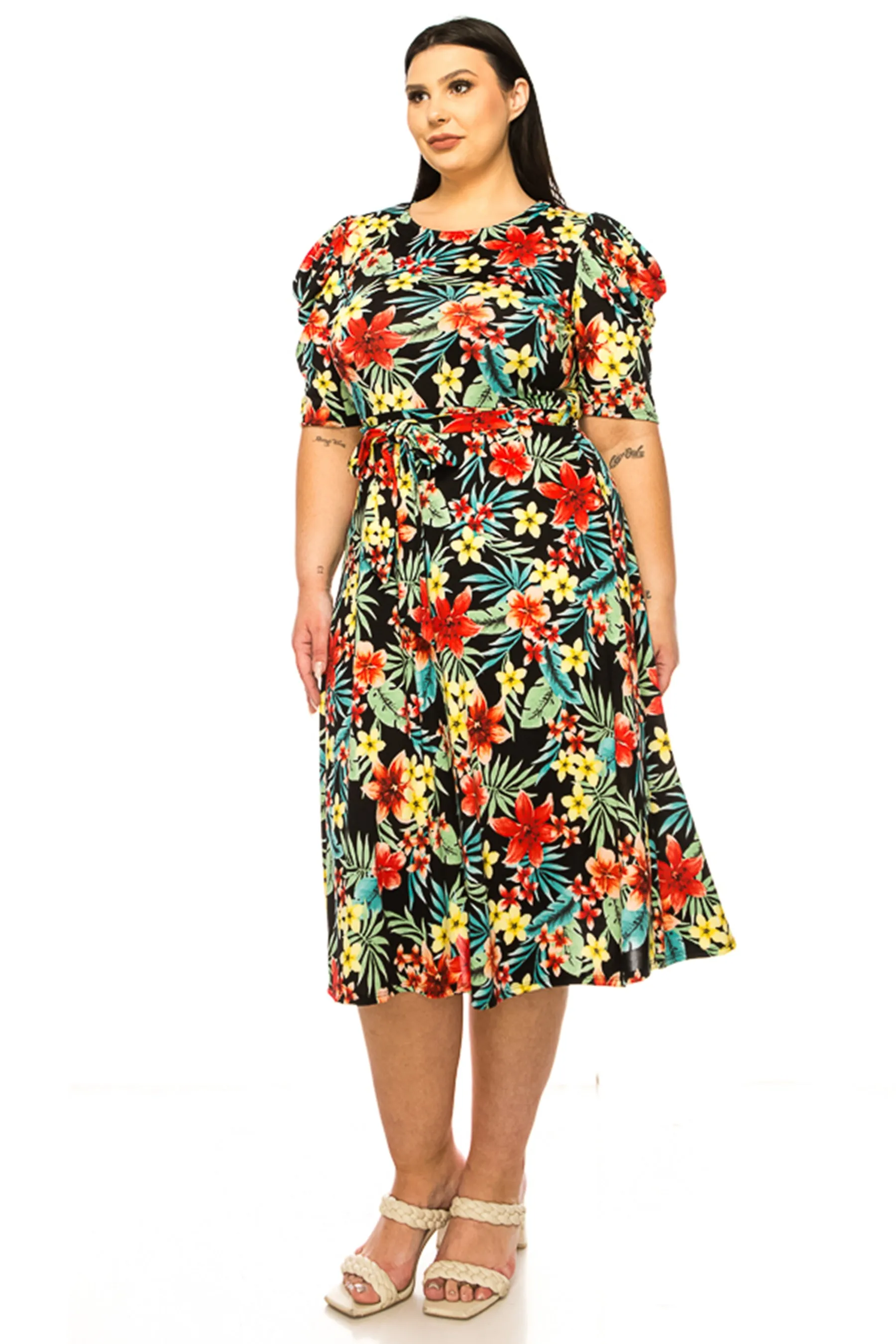 Women's Plus Size Elegant Printed Midi Dress with Puff Sleeves and Sash Tie