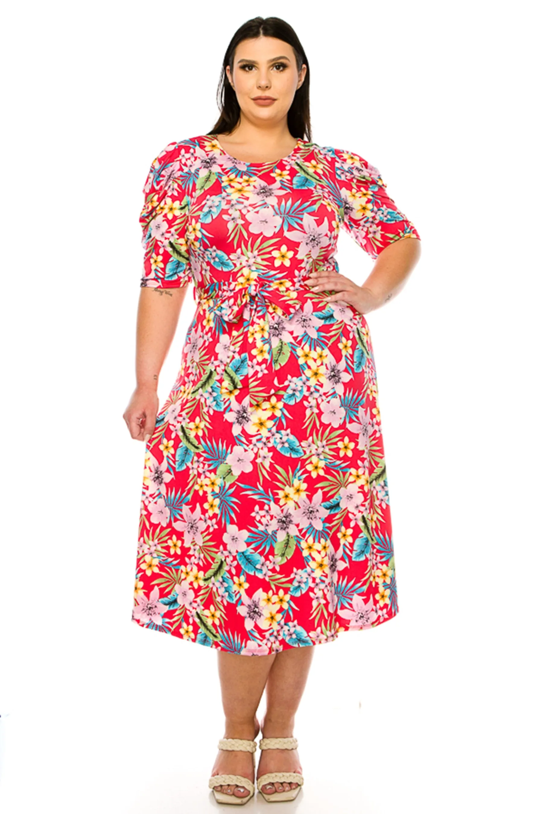 Women's Plus Size Elegant Printed Midi Dress with Puff Sleeves and Sash Tie