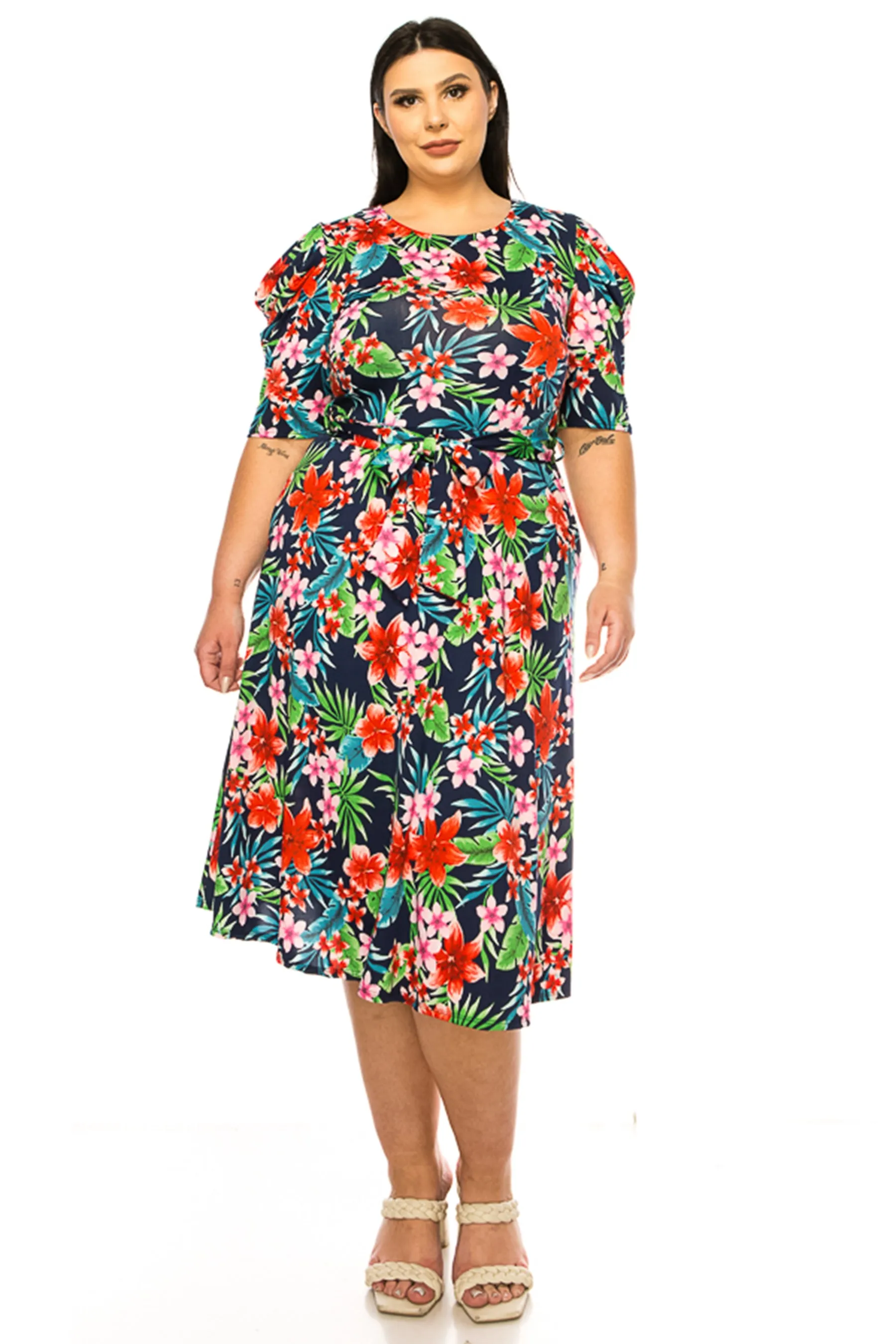 Women's Plus Size Elegant Printed Midi Dress with Puff Sleeves and Sash Tie