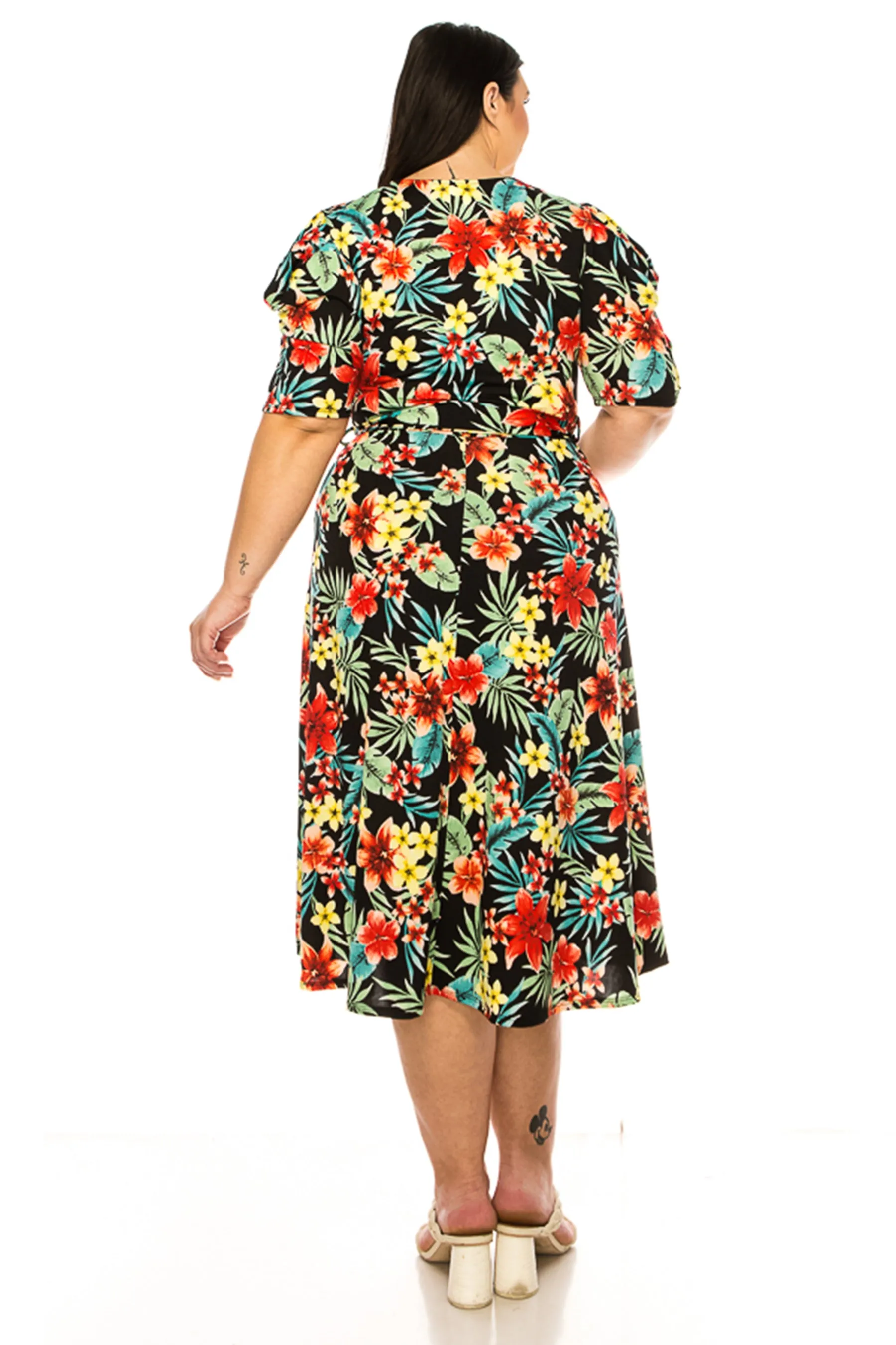 Women's Plus Size Elegant Printed Midi Dress with Puff Sleeves and Sash Tie