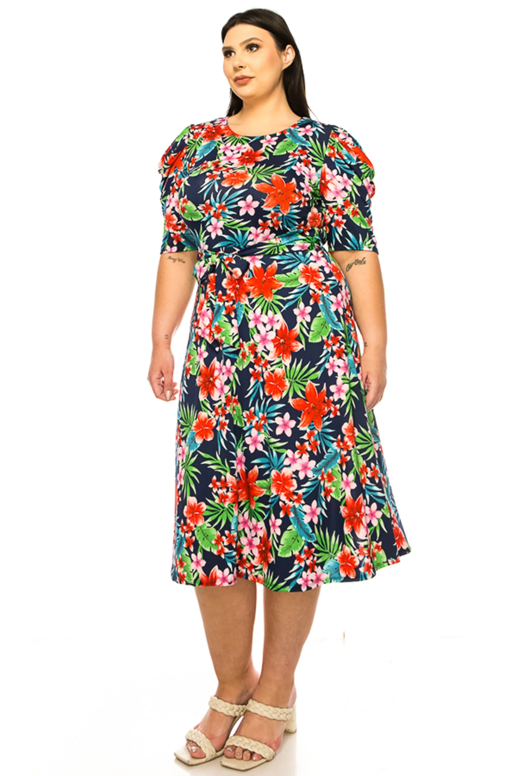 Women's Plus Size Elegant Printed Midi Dress with Puff Sleeves and Sash Tie