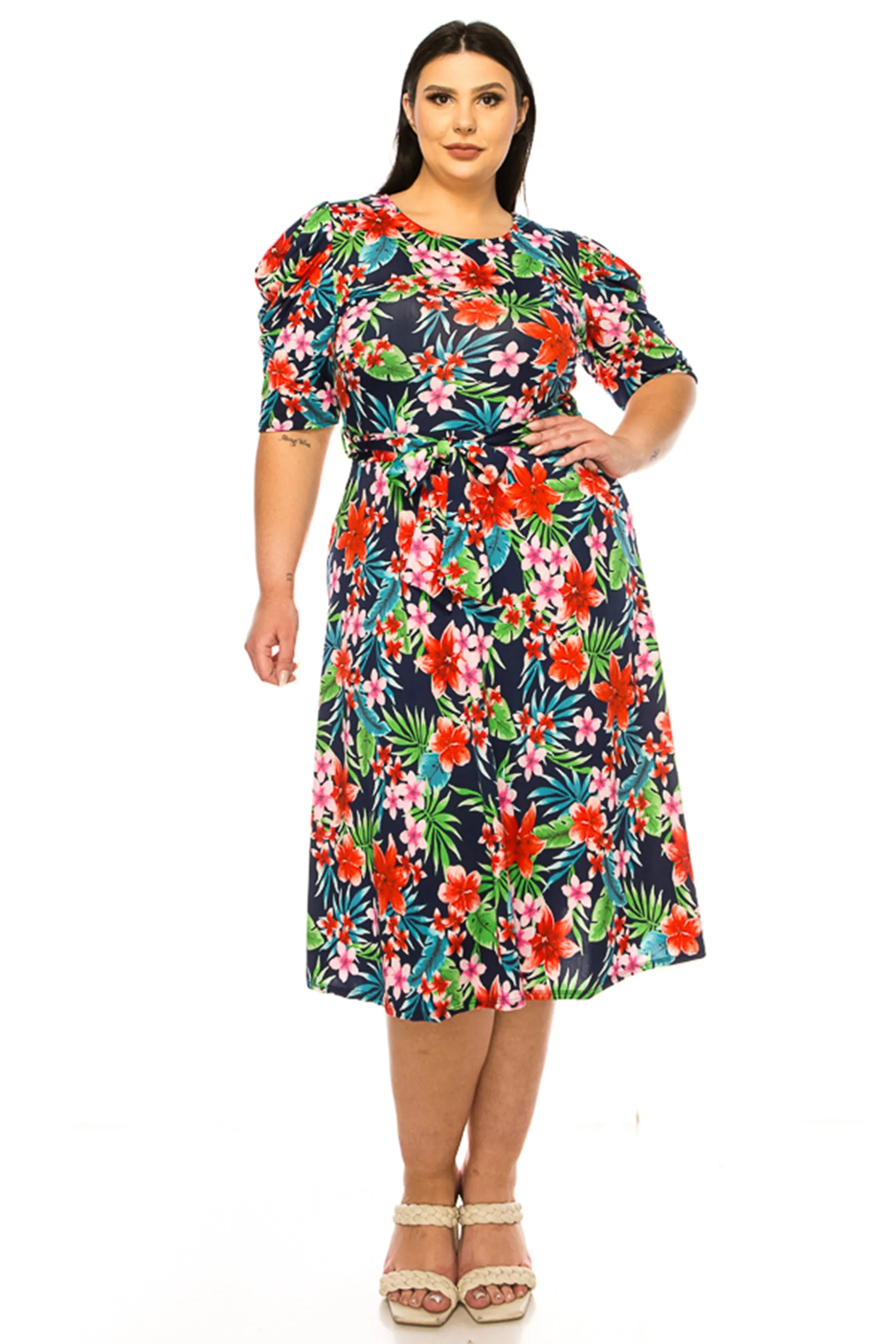 Women's Plus Size Elegant Printed Midi Dress with Puff Sleeves and Sash Tie