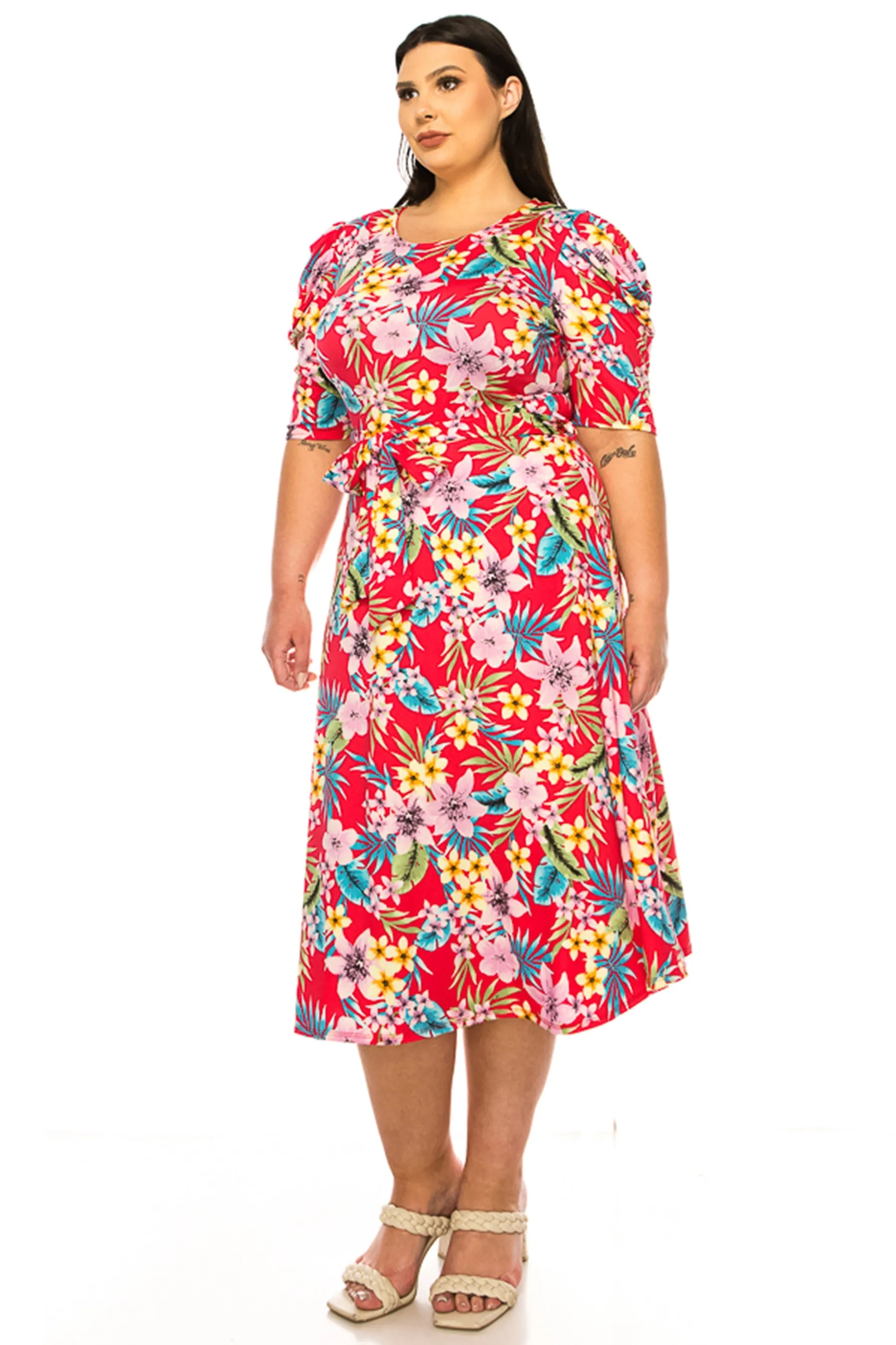 Women's Plus Size Elegant Printed Midi Dress with Puff Sleeves and Sash Tie