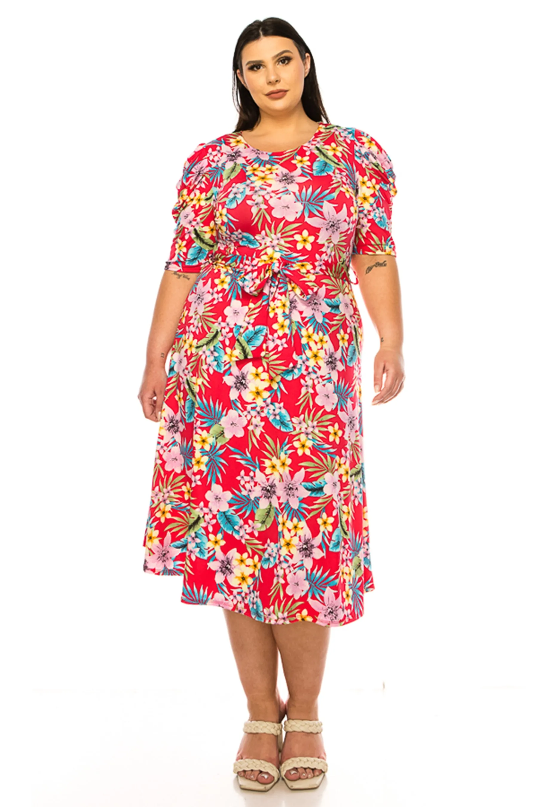 Women's Plus Size Elegant Printed Midi Dress with Puff Sleeves and Sash Tie