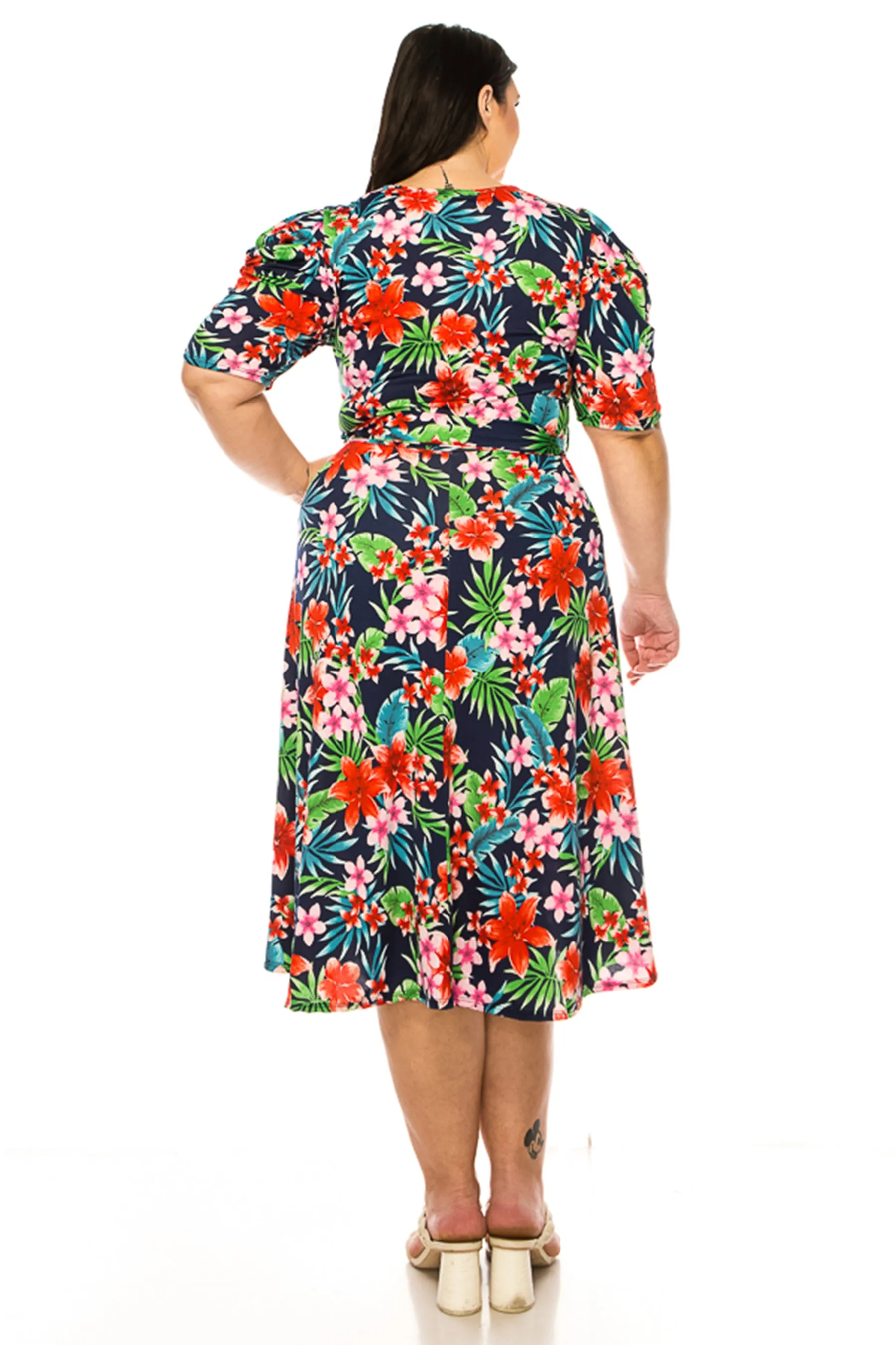 Women's Plus Size Elegant Printed Midi Dress with Puff Sleeves and Sash Tie