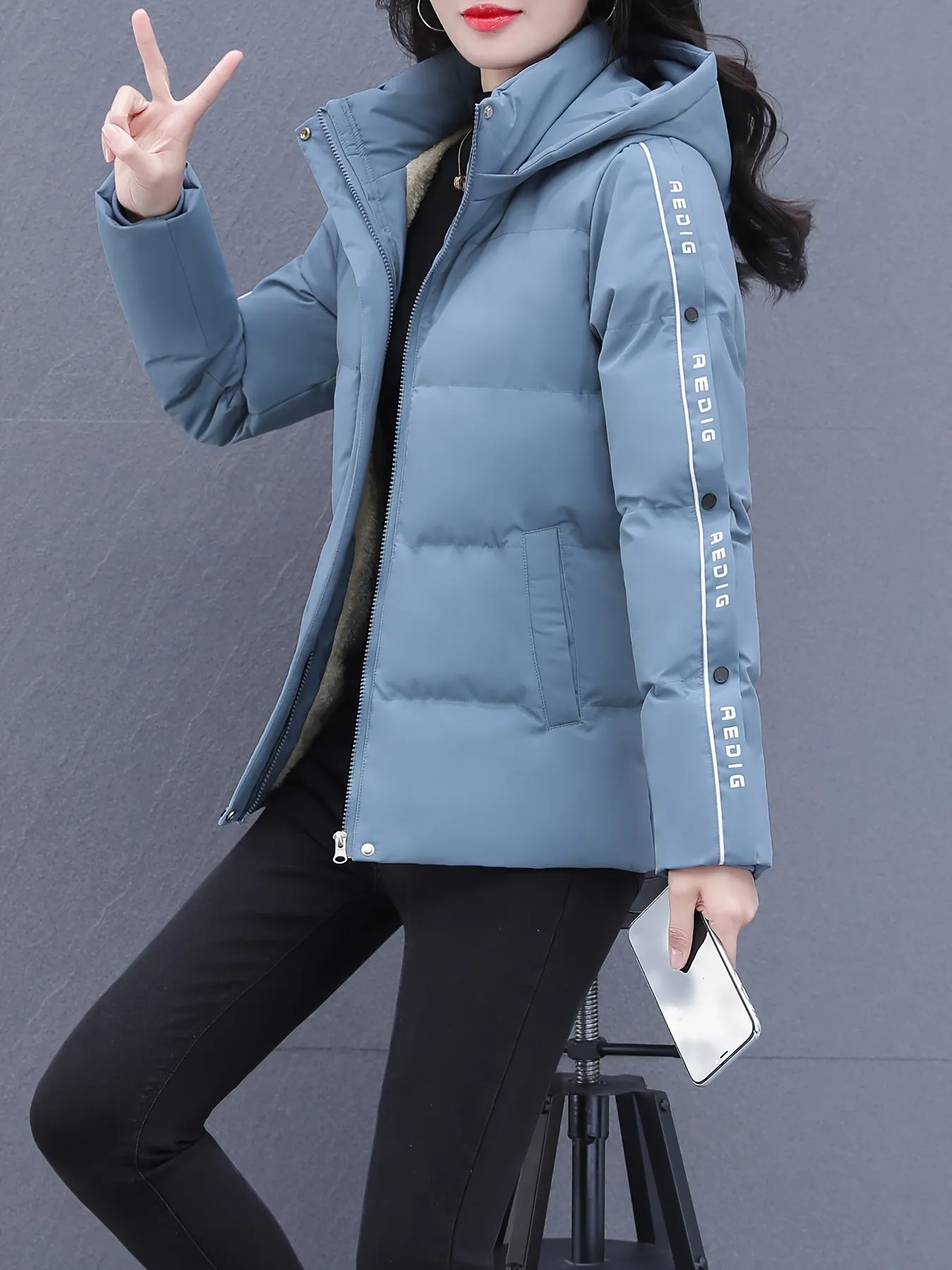 Women's Plus Size Fashion Puffer Jacket - Casual Hooded Winter Coat with Zip-Up Front, Long Sleeves & Letter Print Design