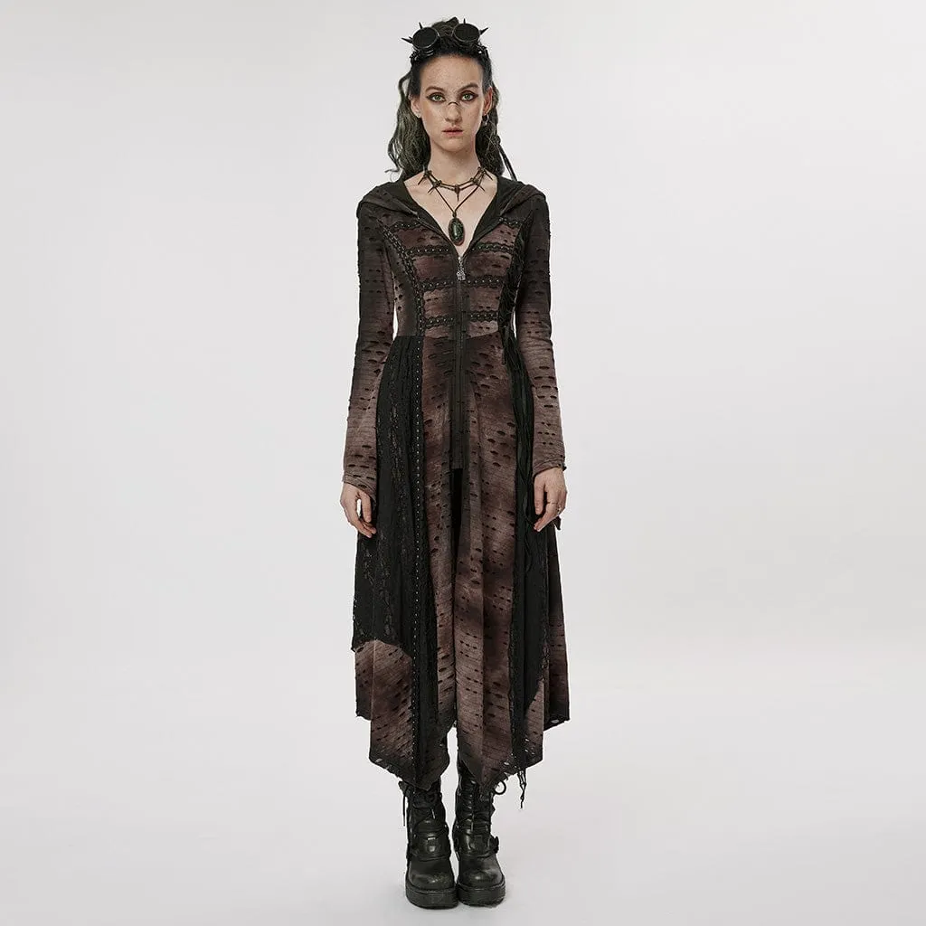 Women's Punk Irregular Ripped Long Coat with Hood