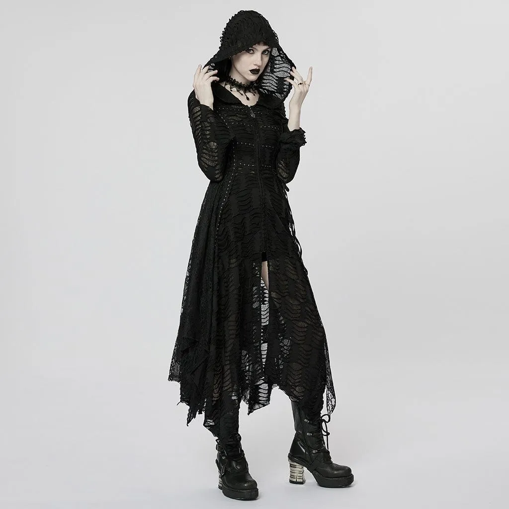 Women's Punk Irregular Ripped Long Coat with Hood