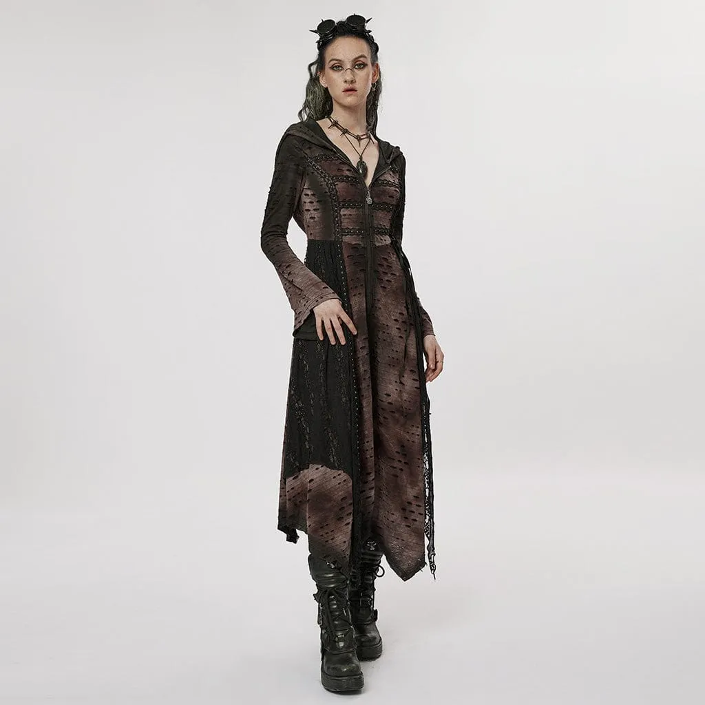 Women's Punk Irregular Ripped Long Coat with Hood