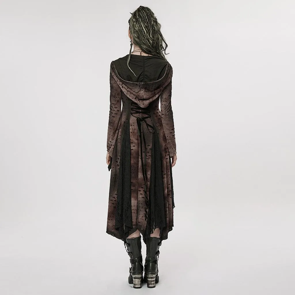 Women's Punk Irregular Ripped Long Coat with Hood