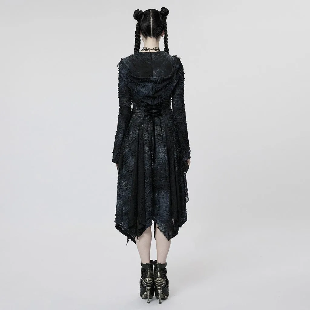 Women's Punk Irregular Ripped Long Coat with Hood