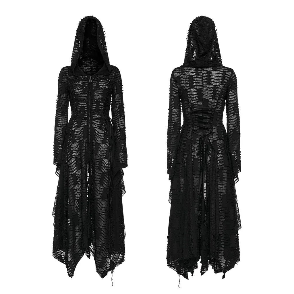 Women's Punk Irregular Ripped Long Coat with Hood