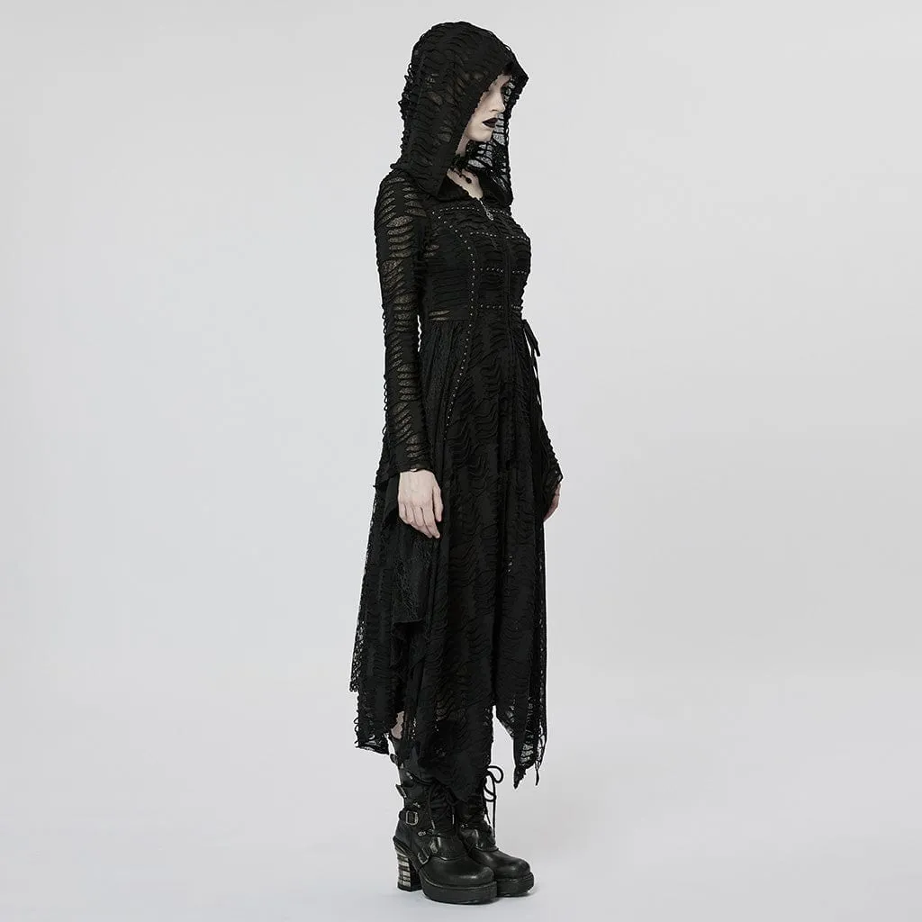 Women's Punk Irregular Ripped Long Coat with Hood