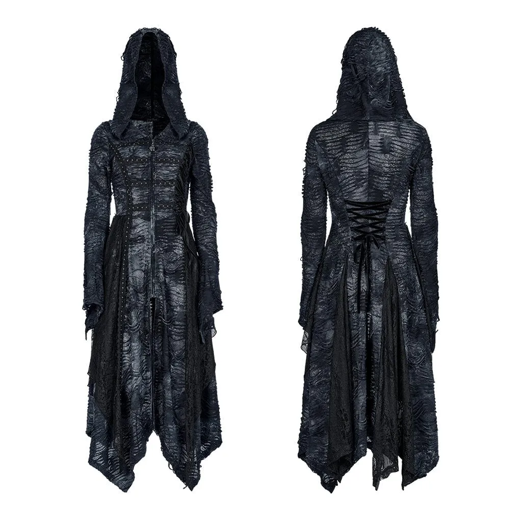 Women's Punk Irregular Ripped Long Coat with Hood