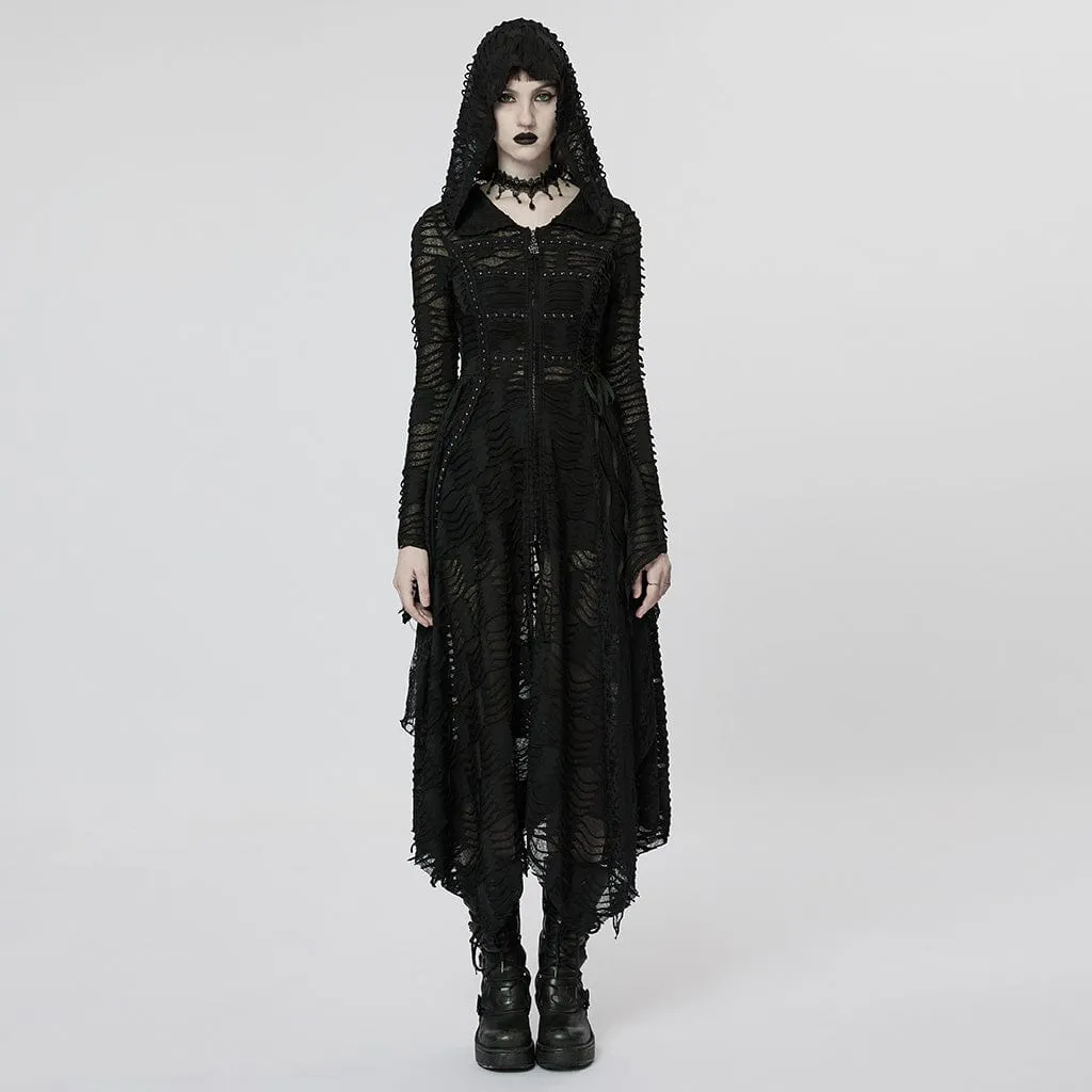 Women's Punk Irregular Ripped Long Coat with Hood