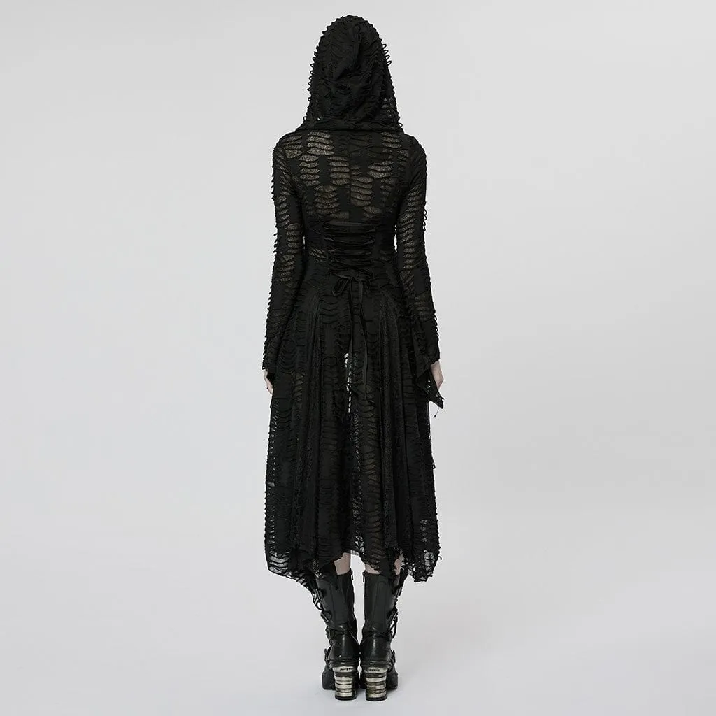 Women's Punk Irregular Ripped Long Coat with Hood