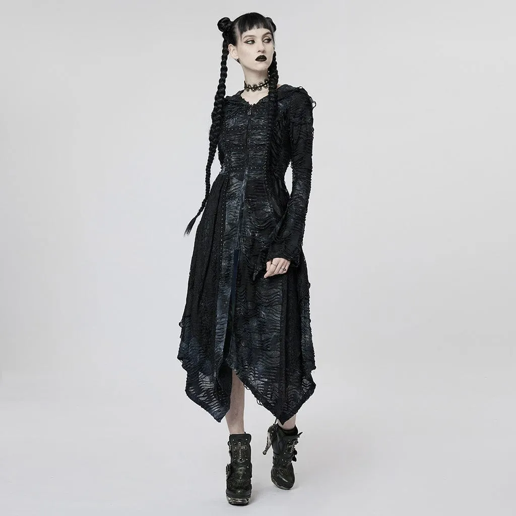 Women's Punk Irregular Ripped Long Coat with Hood