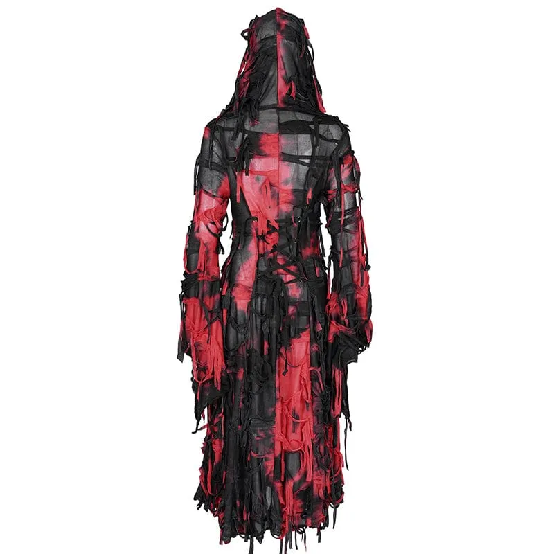 Women's Punk Ripped Chain Lace Coat Black-Red