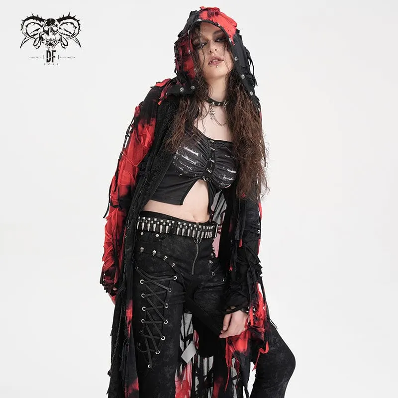 Women's Punk Ripped Chain Lace Coat Black-Red