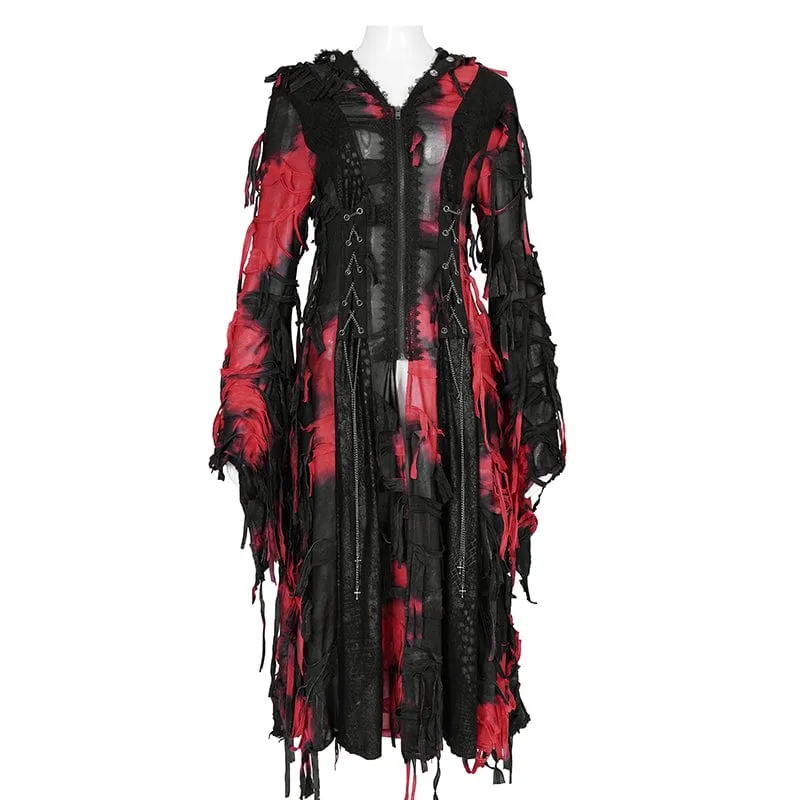 Women's Punk Ripped Chain Lace Coat Black-Red