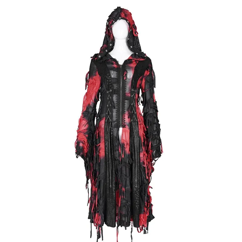 Women's Punk Ripped Chain Lace Coat Black-Red