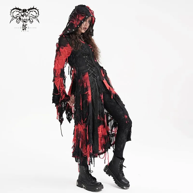 Women's Punk Ripped Chain Lace Coat Black-Red