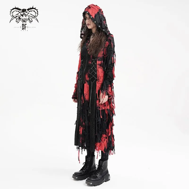 Women's Punk Ripped Chain Lace Coat Black-Red