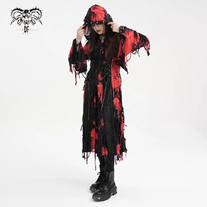 Women's Punk Ripped Chain Lace Coat Black-Red