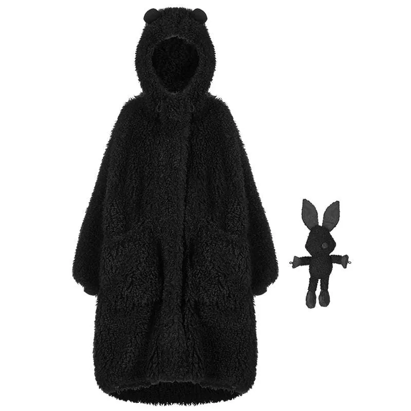 Women's Punk Sherpa Long Coat with Bear's Ears Hood