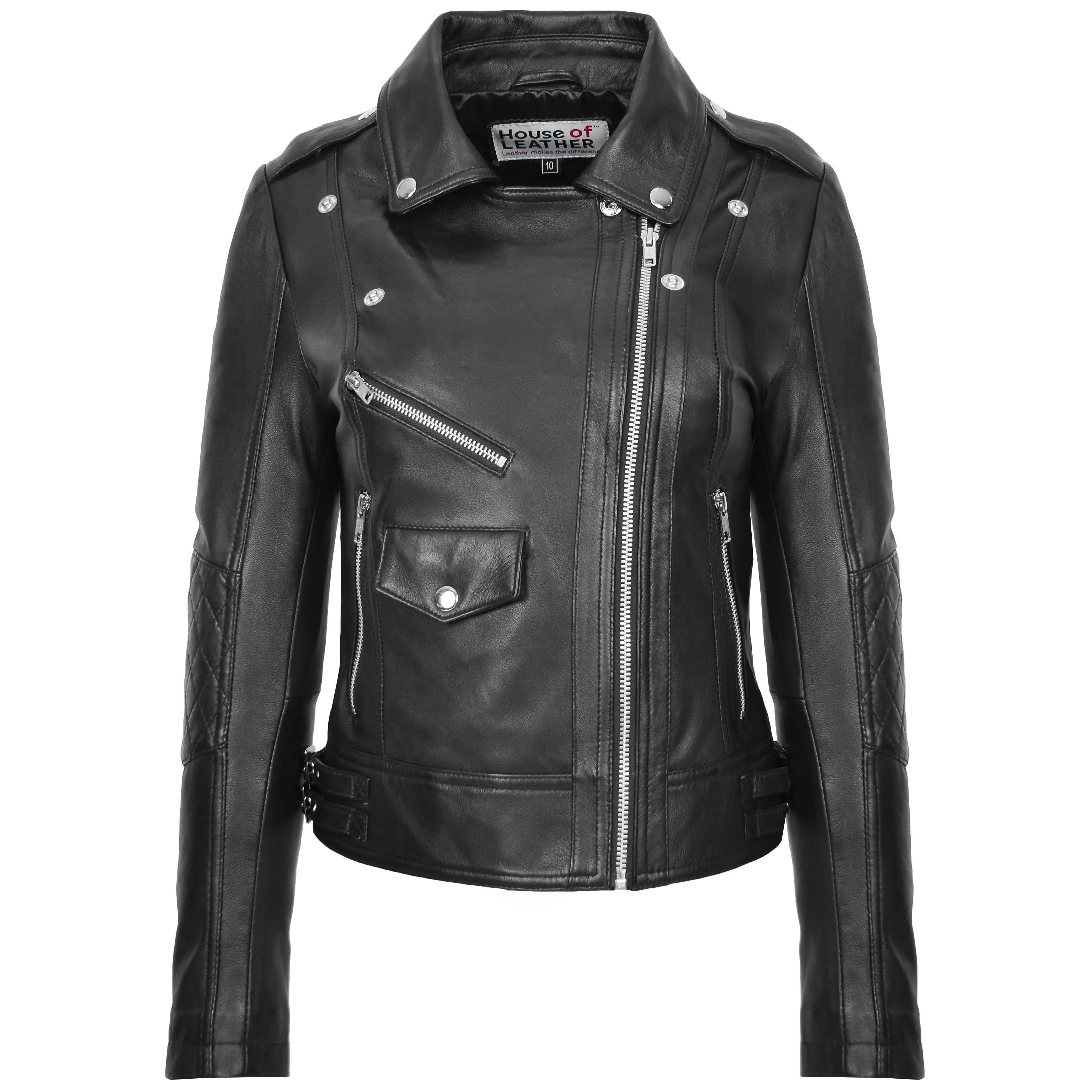 Womens Real Leather Biker Cross Zip Fashion Jacket Remi Black