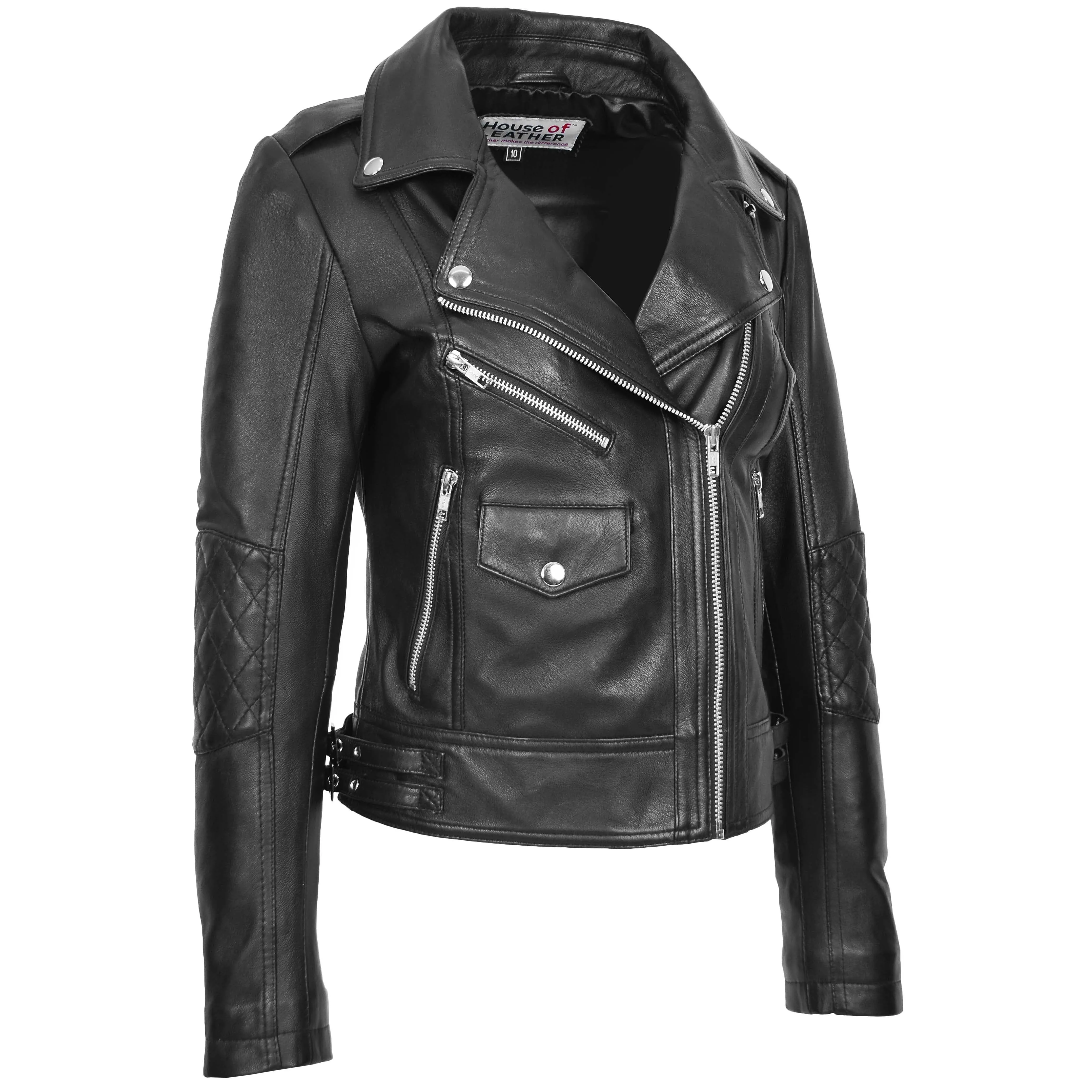 Womens Real Leather Biker Cross Zip Fashion Jacket Remi Black