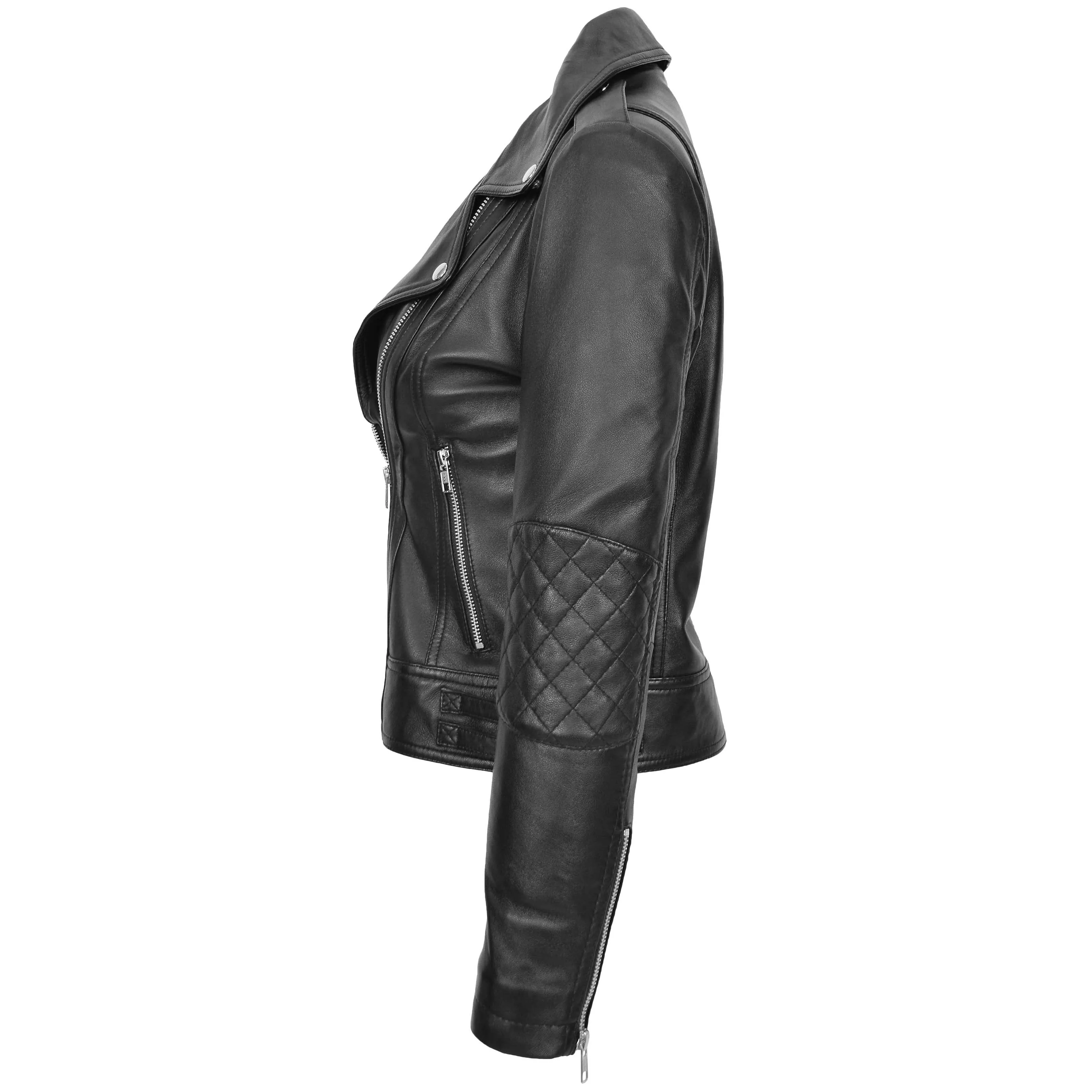 Womens Real Leather Biker Cross Zip Fashion Jacket Remi Black