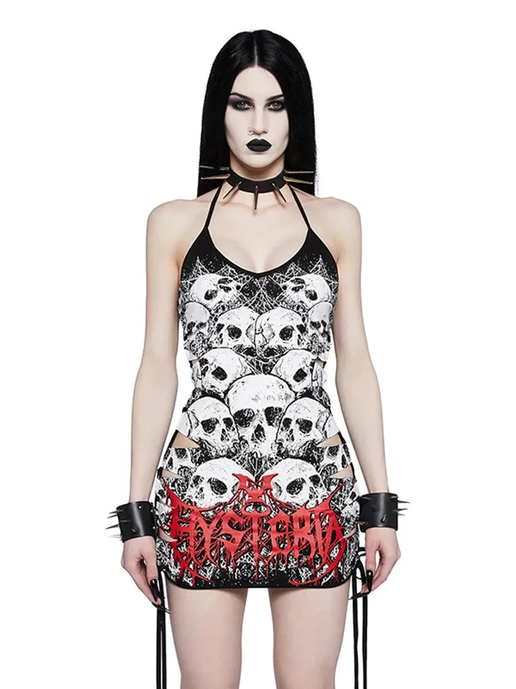 Y2K Gothic Skull Print Plus Size Punk Hollow Out Sleeveless Strap Dress