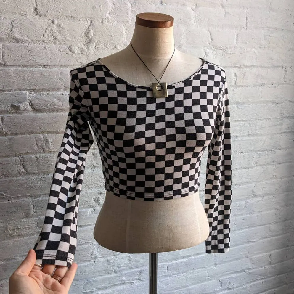 Y2K Retro Checkered Mod Skate Crop Longsleeve Bodycon Grunge Fairycore Ska Top