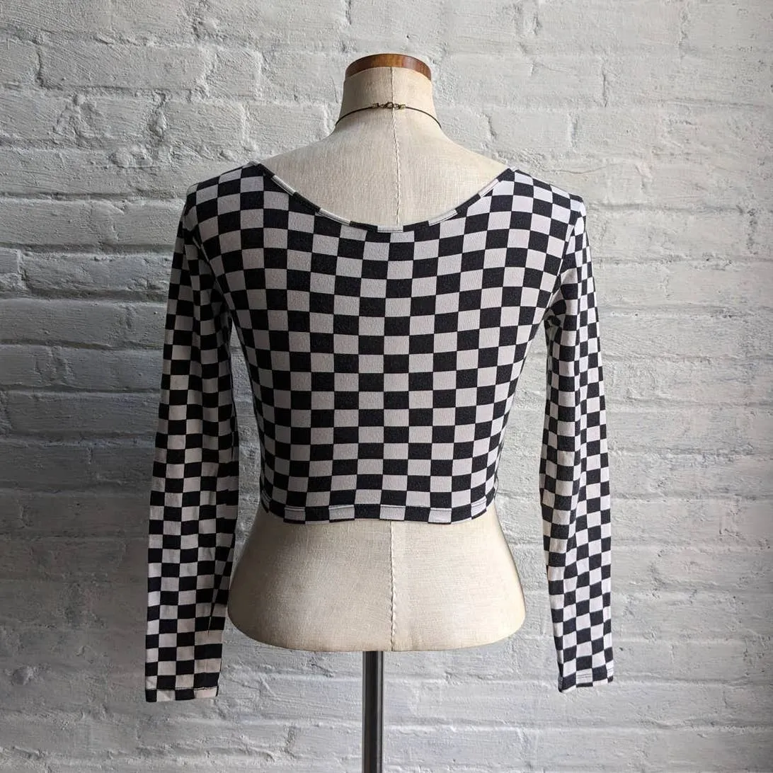 Y2K Retro Checkered Mod Skate Crop Longsleeve Bodycon Grunge Fairycore Ska Top