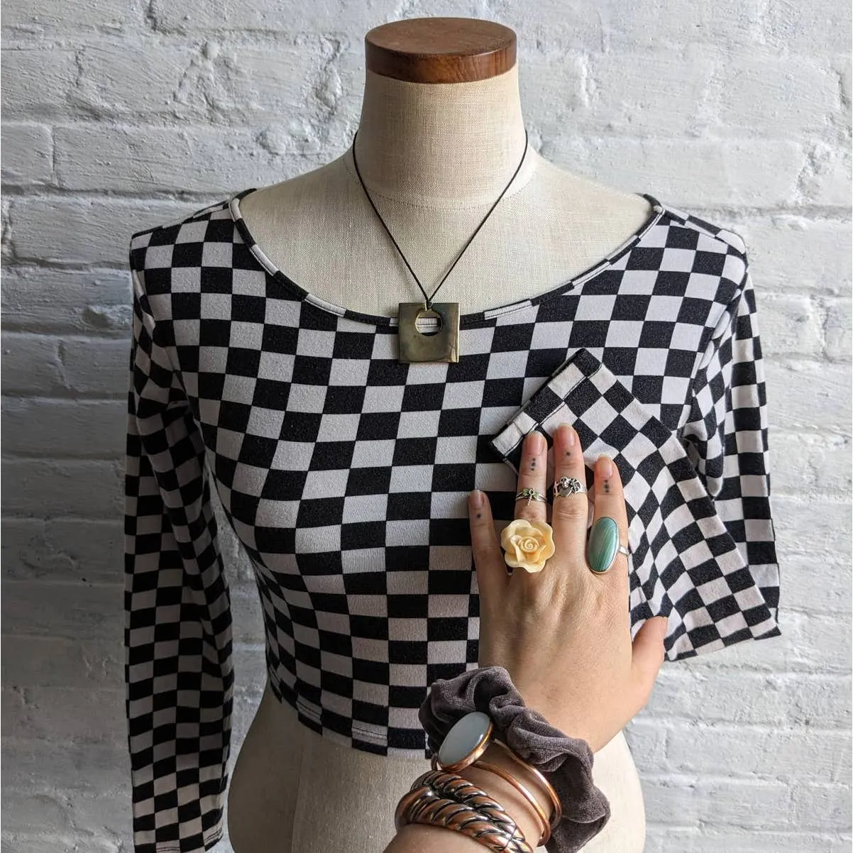 Y2K Retro Checkered Mod Skate Crop Longsleeve Bodycon Grunge Fairycore Ska Top