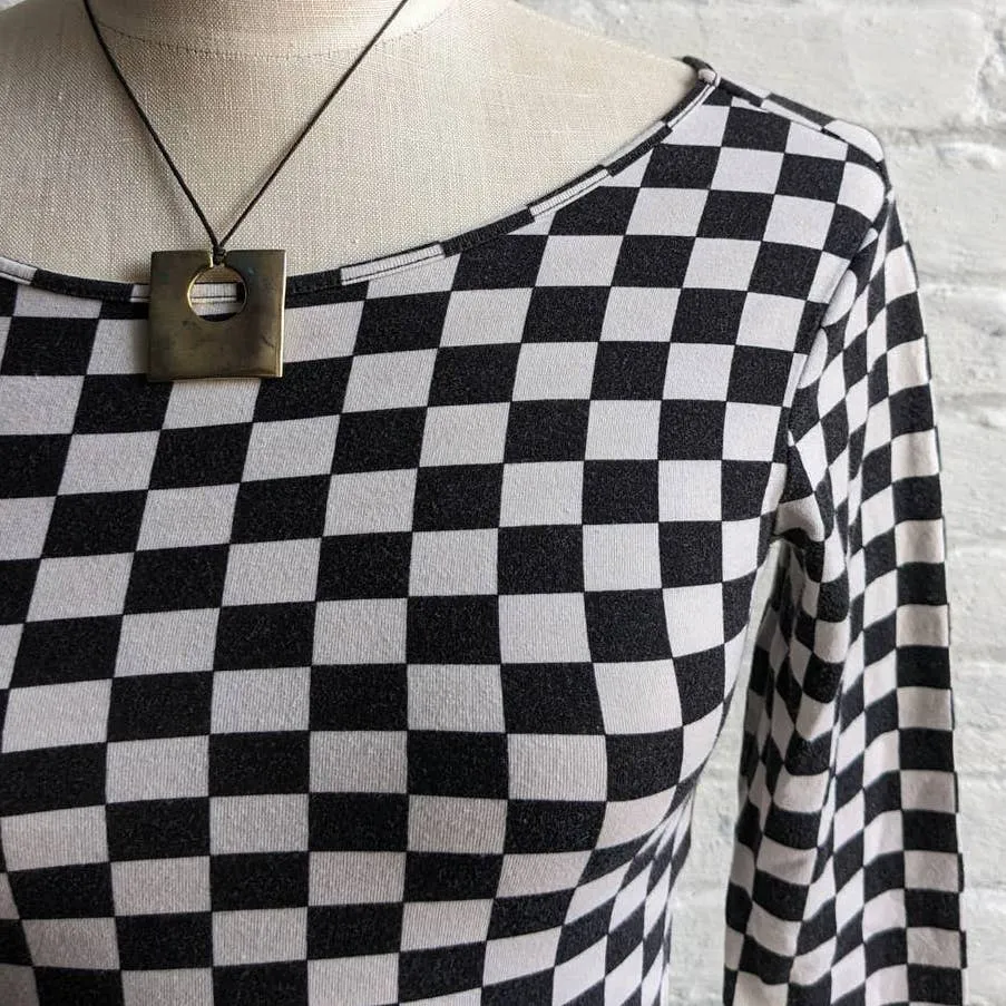 Y2K Retro Checkered Mod Skate Crop Longsleeve Bodycon Grunge Fairycore Ska Top