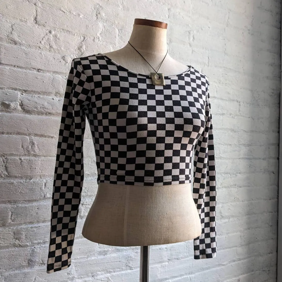 Y2K Retro Checkered Mod Skate Crop Longsleeve Bodycon Grunge Fairycore Ska Top