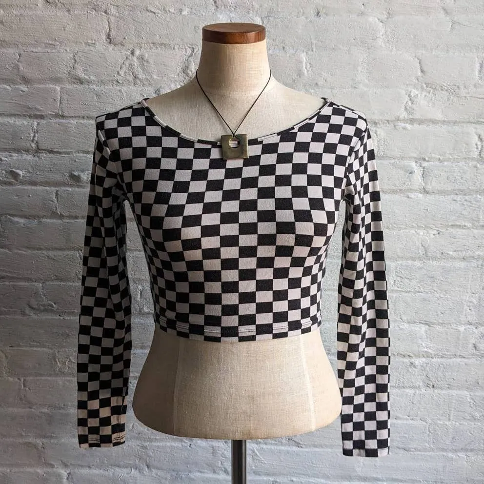 Y2K Retro Checkered Mod Skate Crop Longsleeve Bodycon Grunge Fairycore Ska Top